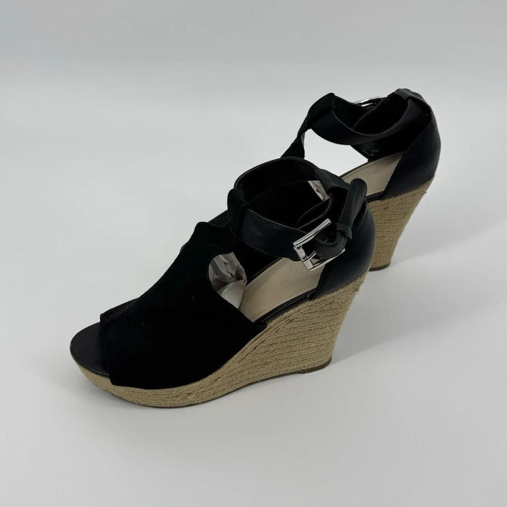 Marc Fisher‎ Black Espadrille Wedge Sandals Ankle Strap Peep Toe Size 9M Coastal